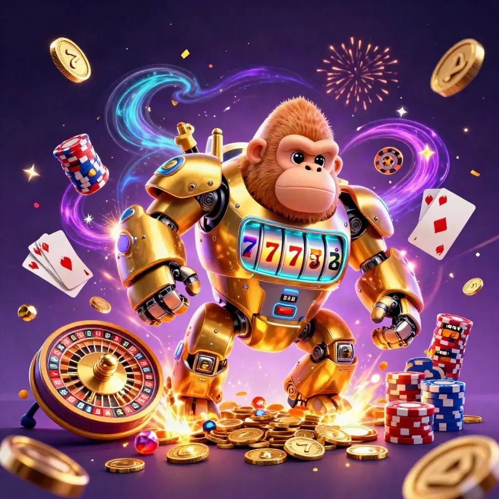 Golden gorilla mech bursts through coins, gems, fireworks, and slot symbols in a neon casino storm.