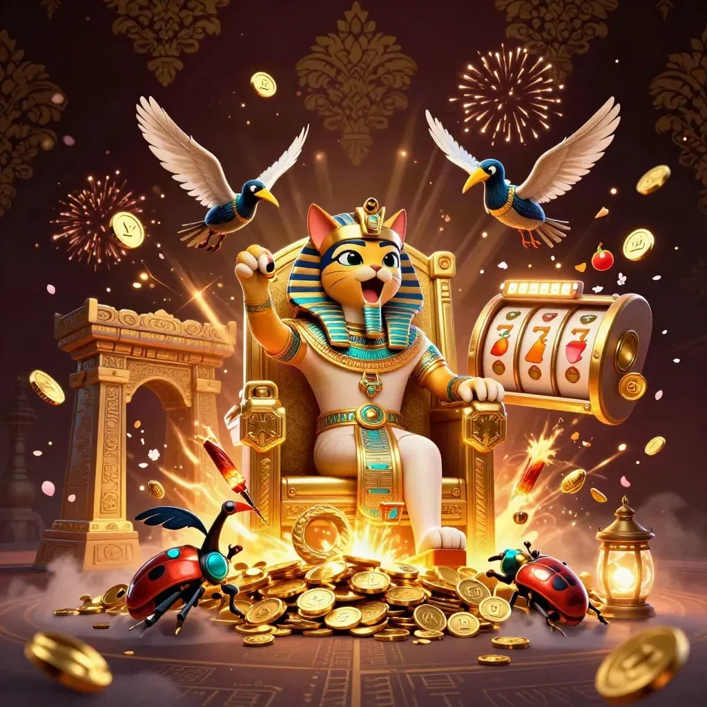Pharaoh cat, ibis scribe, and gem scarabs amid coins, vault light, and fireworks.