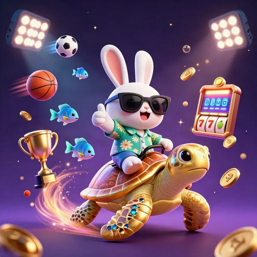 Lucky rabbit rides a golden sea turtle amid casino sparks, balls, reels, coins, and teal glow.