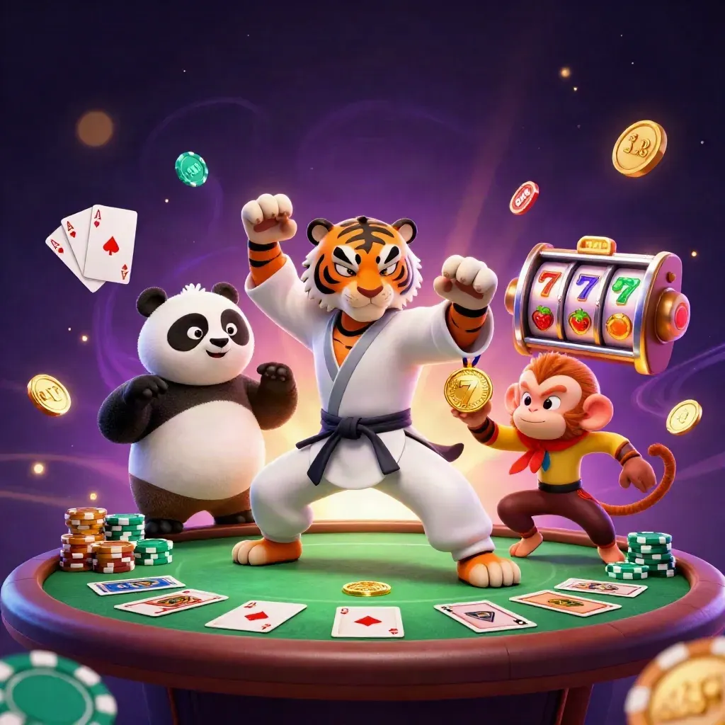 Tiger master, panda, and monkey amid casino cards, chips, reels, and glowing purple magic.