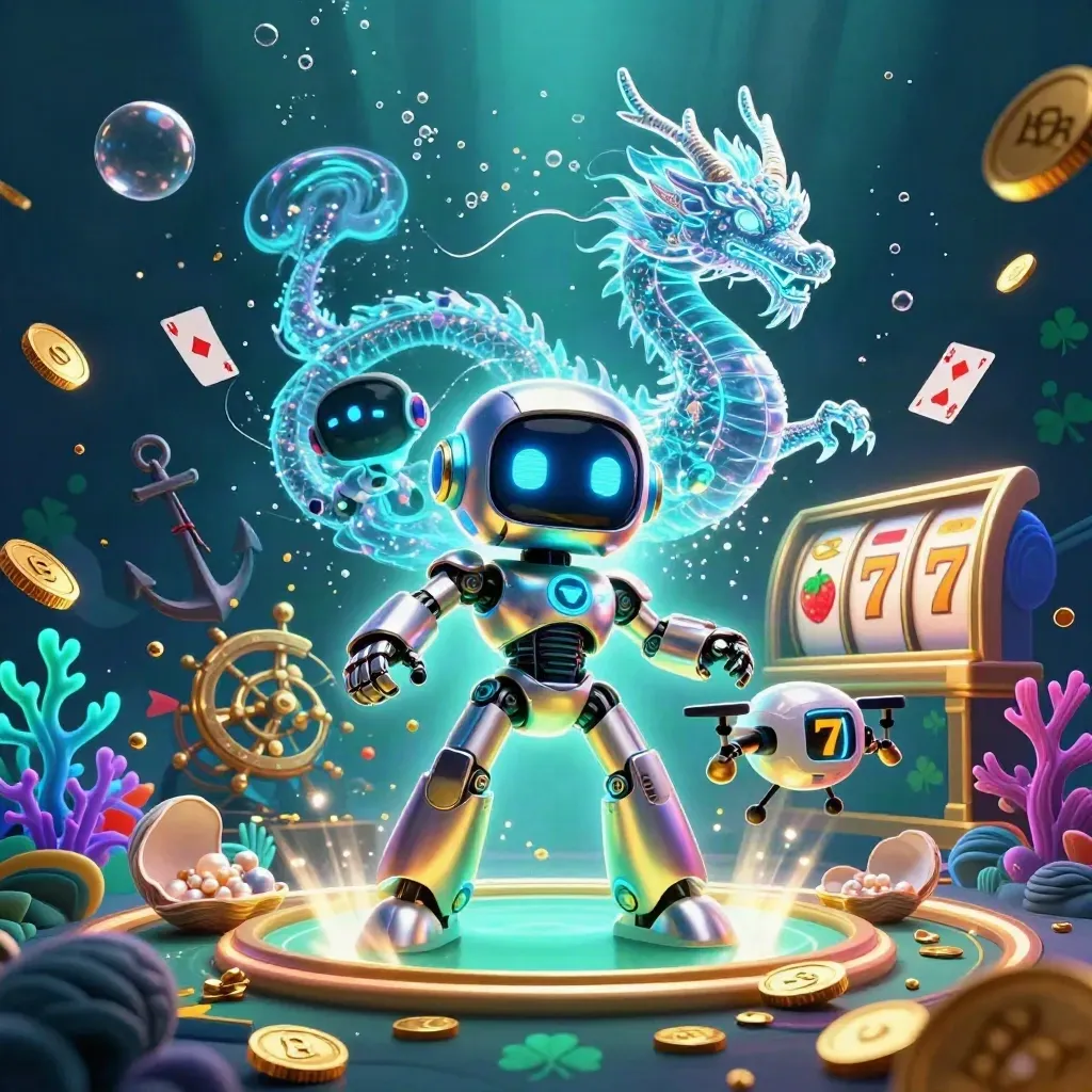Cyberpunk robot, holographic dragon, and coin drone amid a gold treasure cove with neon underwater glow.