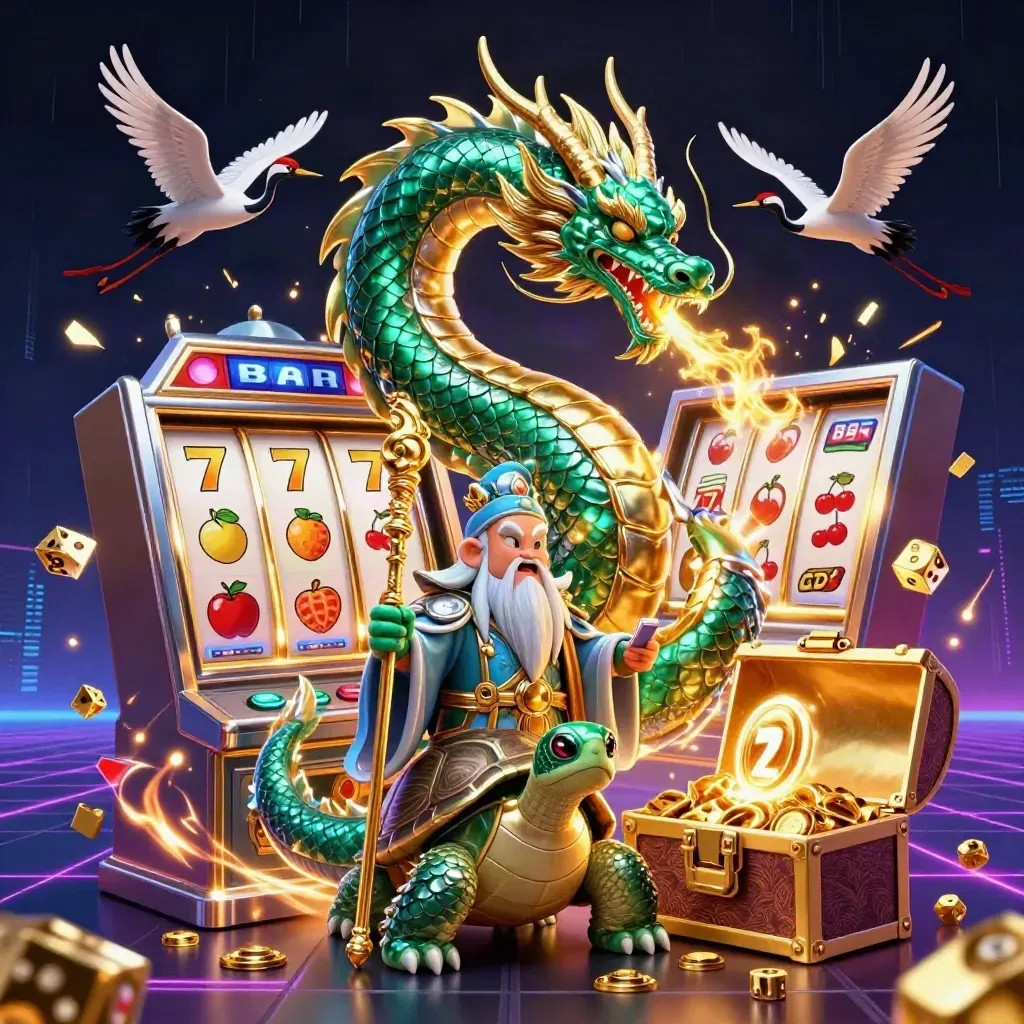Emerald dragon, turtle sage and cranes erupt amid slot reels, gold, and neon casino fire.