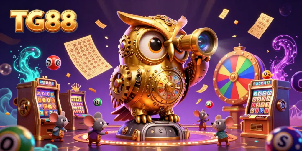 Experience the thrill at TG88 with a vibrant casino scene filled with dynamic lottery elements and charming characters.
