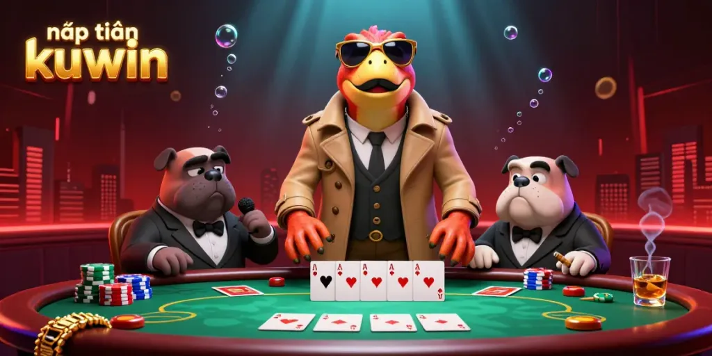 Interact with the vibrant scene of nạp tiền kuwin as raptors attempt entry into a VIP casino lounge with poker elements.