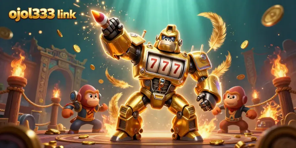 Engage with the exciting world of Ojol333 link, showcasing a dynamic golden gorilla mech amidst slot elements and vibrant casino atmosphere.