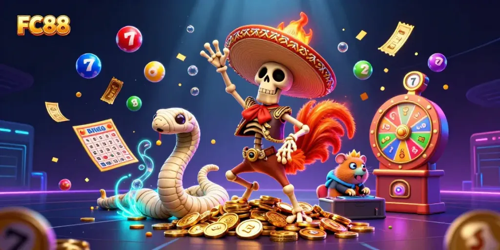 Engage with FC88's vibrant casino action featuring a colorful scene of winning characters and gaming elements.