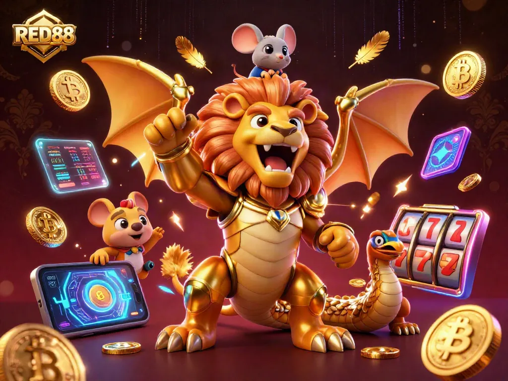 Engage with RED88 slots through a vibrant 3D fantasy scene filled with rich gaming elements.