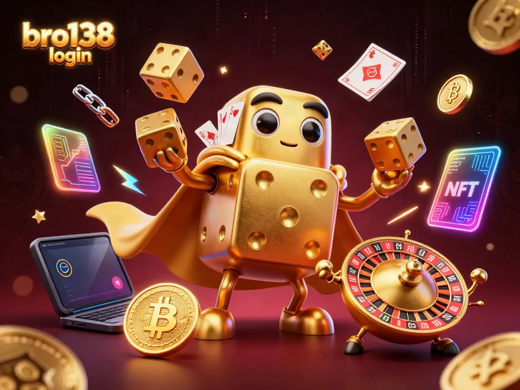 Experience bro138 login with a dynamic scene featuring golden dice, cryptocurrency coins, and vibrant gaming elements.