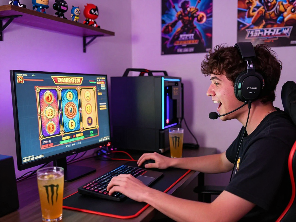 Menikmati permainan bandar slot dengan konsentrasi tinggi di laptop dengan suasana gaming yang ceria.