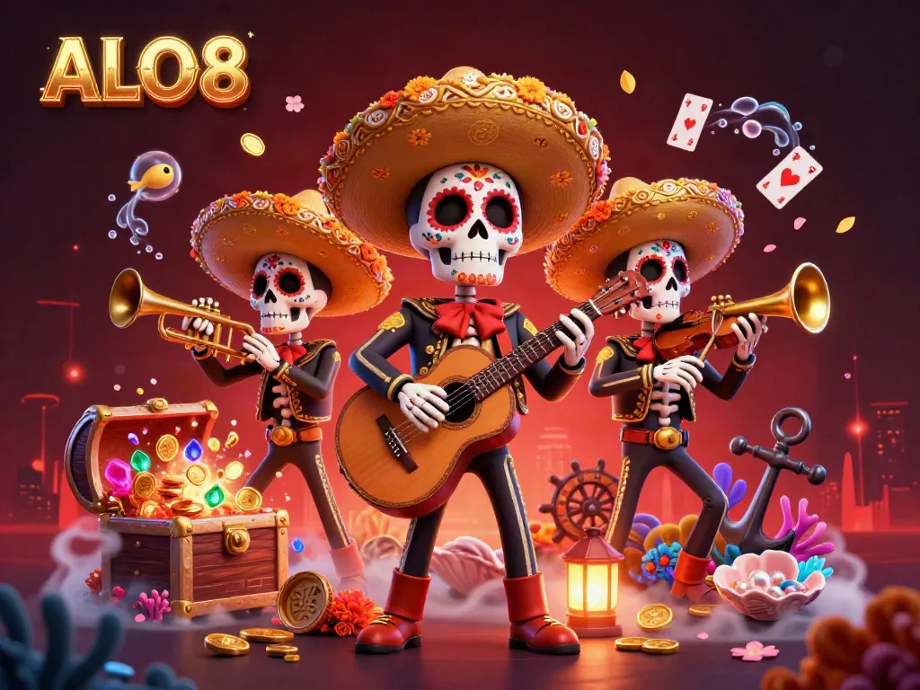 Engage in exciting games with ALO8 amidst vibrant 3D illustrations of a mariachi band and casino elements.