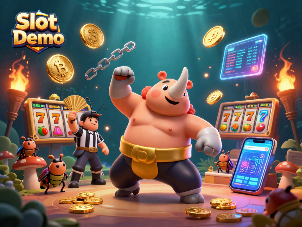 Experience Slot Demo action with a mighty rhinoceros beetle champion amid golden coins and vibrant casino elements.