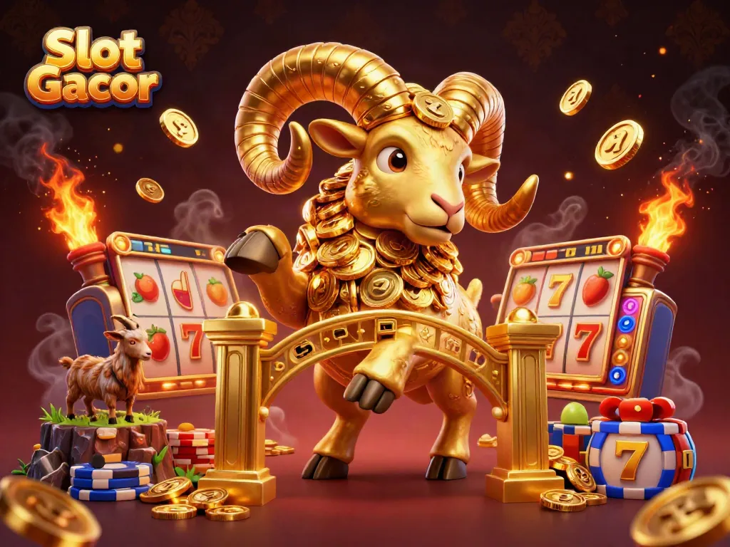 Experience Slot Gacor with an energetic scene featuring a charging golden ram, vibrant slot reels, and a dynamic casino atmosphere.