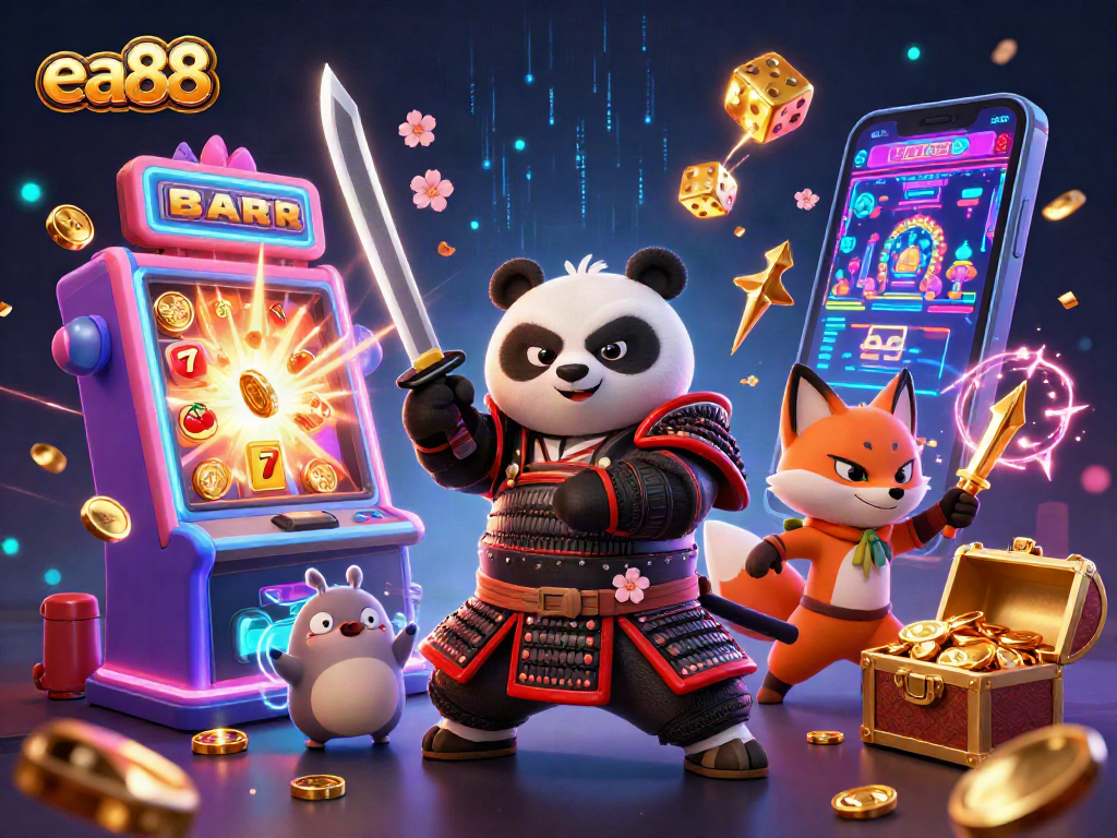 Experience thrilling action with ea88 featuring a samurai panda and ninja fox in a vibrant casino scene.
