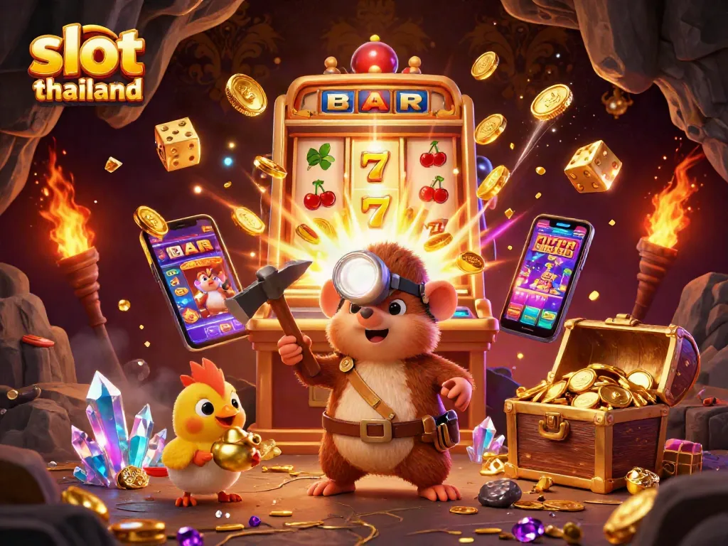 Spin the reels of slot thailand while enjoying vibrant gems and gold-filled adventures in this 3D illustration.