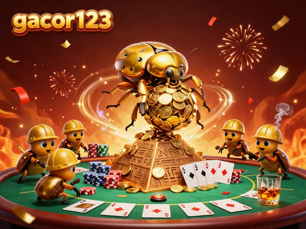 Experience the excitement of gacor123 with golden beetles and vibrant casino elements in this vivid illustration.