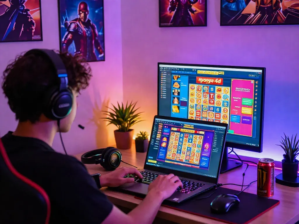 Engaging scene of a player experiencing nyonya4d online lottery gaming in a vibrant and cozy gaming room.