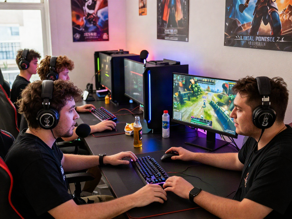 Scene gamer bermain online dengan luxury111 di ruang bermain modern