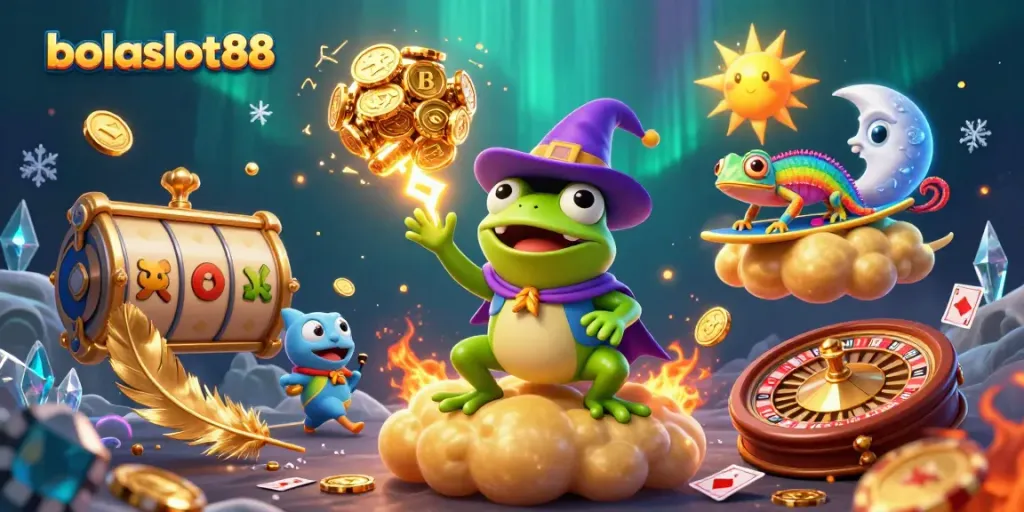 Experience exciting rewards with bolaslot88 in a vibrant casino scene filled with golden coins and gaming elements.