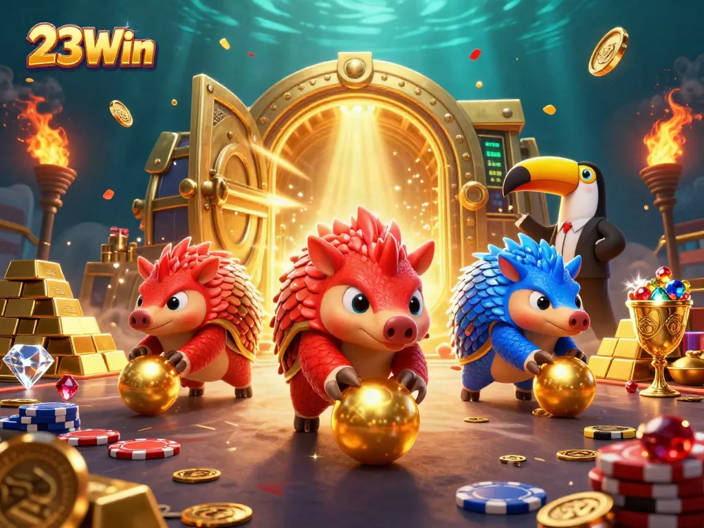 Roll into winnings at 23Win with rival pangolins amidst a dazzling casino scene.
