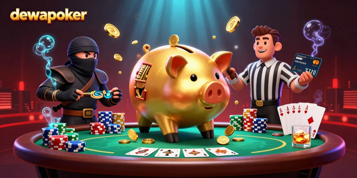 Play exciting poker at dewapoker with a lively scene featuring a golden piggy bank sumo wrestler