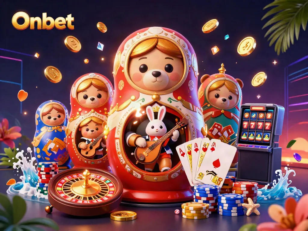 Experience the world of Onbet with colorful casino elements, whirlwinds of coins, and charming characters in a dynamic scene.