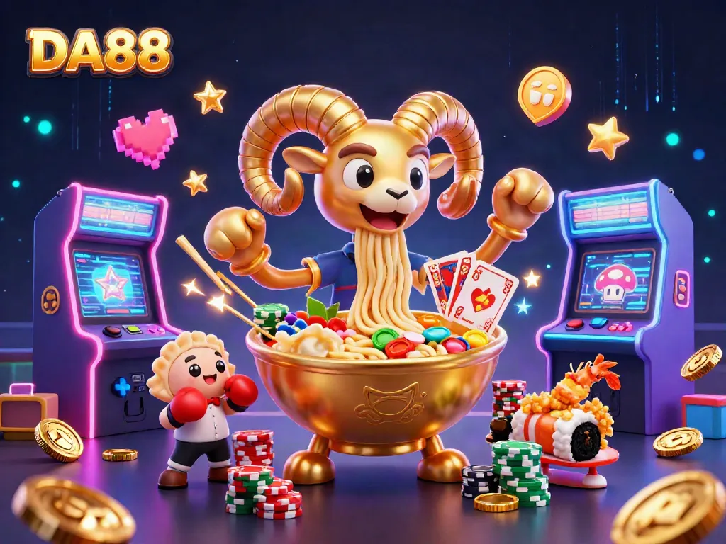 Engage with DA88's vibrant casino world featuring dynamic characters, cards, and chips in a colorful cartoon scene.