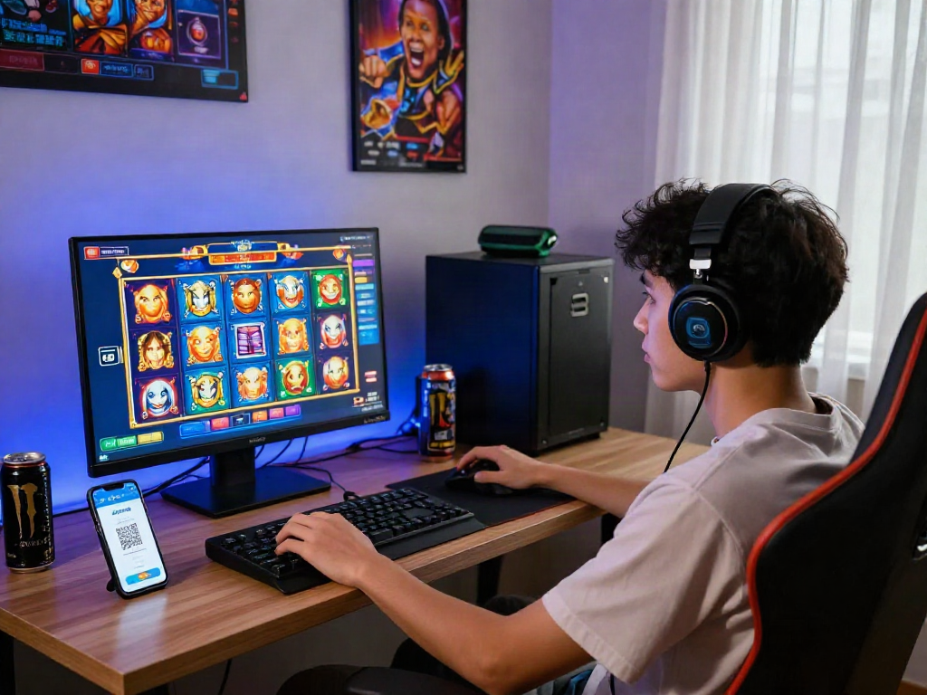 Player exploring situs slot qris on a computer with vibrant gaming setup.