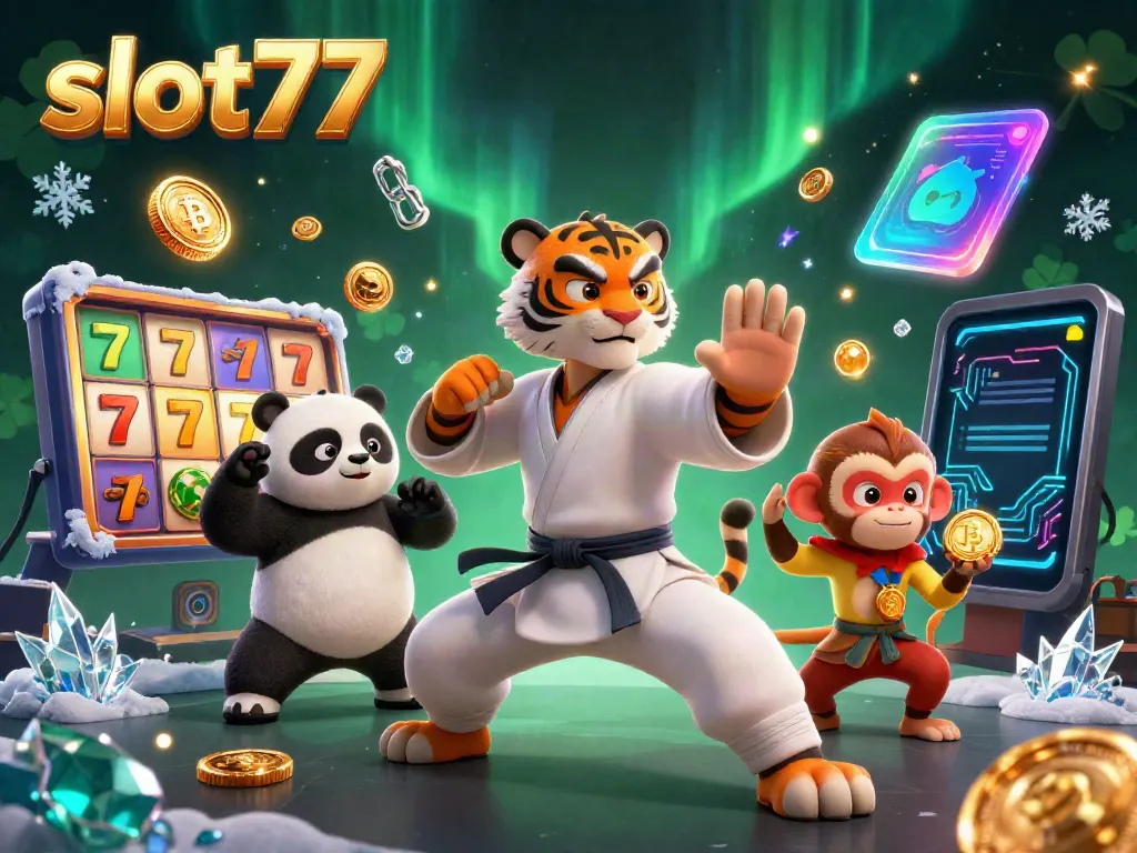 Memainkan slot77 dengan karakter kartun kung fu dan simbol jackpot yang memukau.
