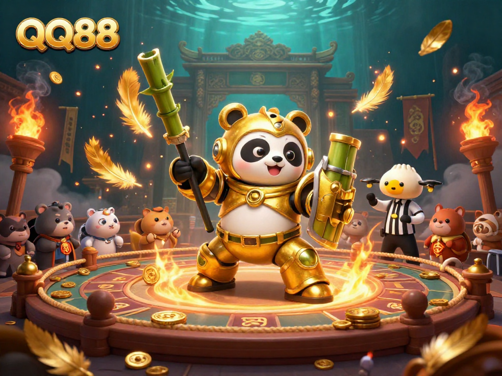 Engage in thrilling QQ88 betting action with a vibrant scene featuring a golden panda mech-suit and dynamic casino elements.