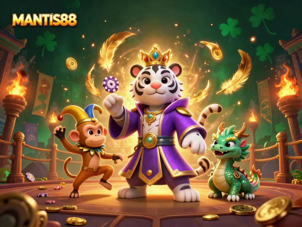 MANTIS88 hosts thrilling gaming adventures with a captivating 3D scene featuring unique characters and casino elements.