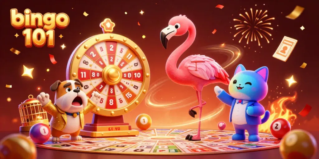 Permainan bingo 101 yang menarik dengan flamingo, bulldog, dan kucing, memutar roda hadiah yang penuh warna.