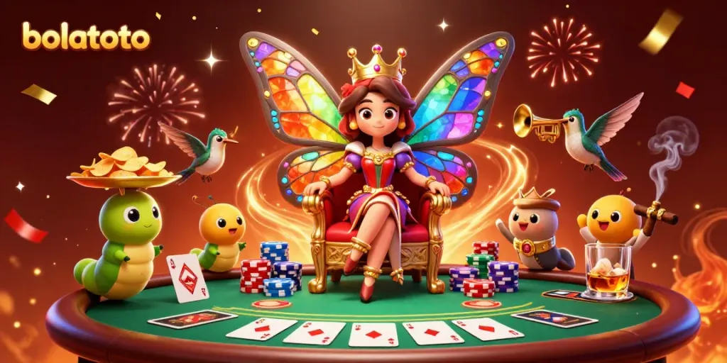 Engage in excitement with bolatoto as a butterfly queen presides over a vibrant poker scene, showcasing stacked chips and a stunning backdrop.