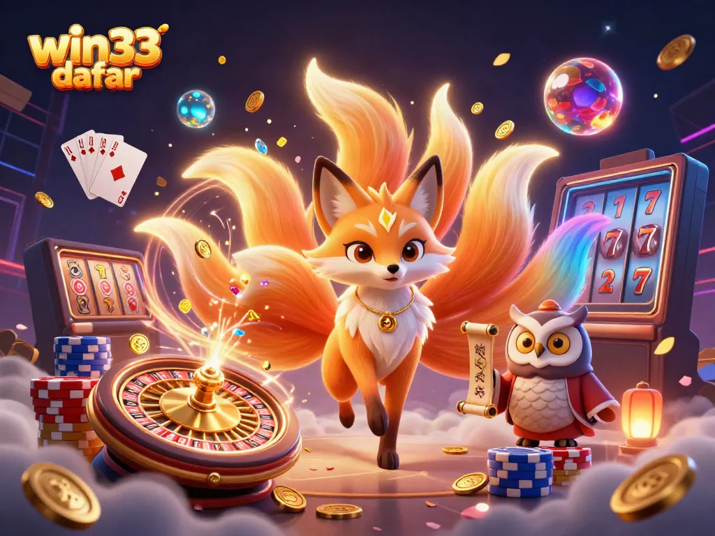 Experience the vibrant win33 daftar scene with a nine-tailed fox and owl amid casino elements.