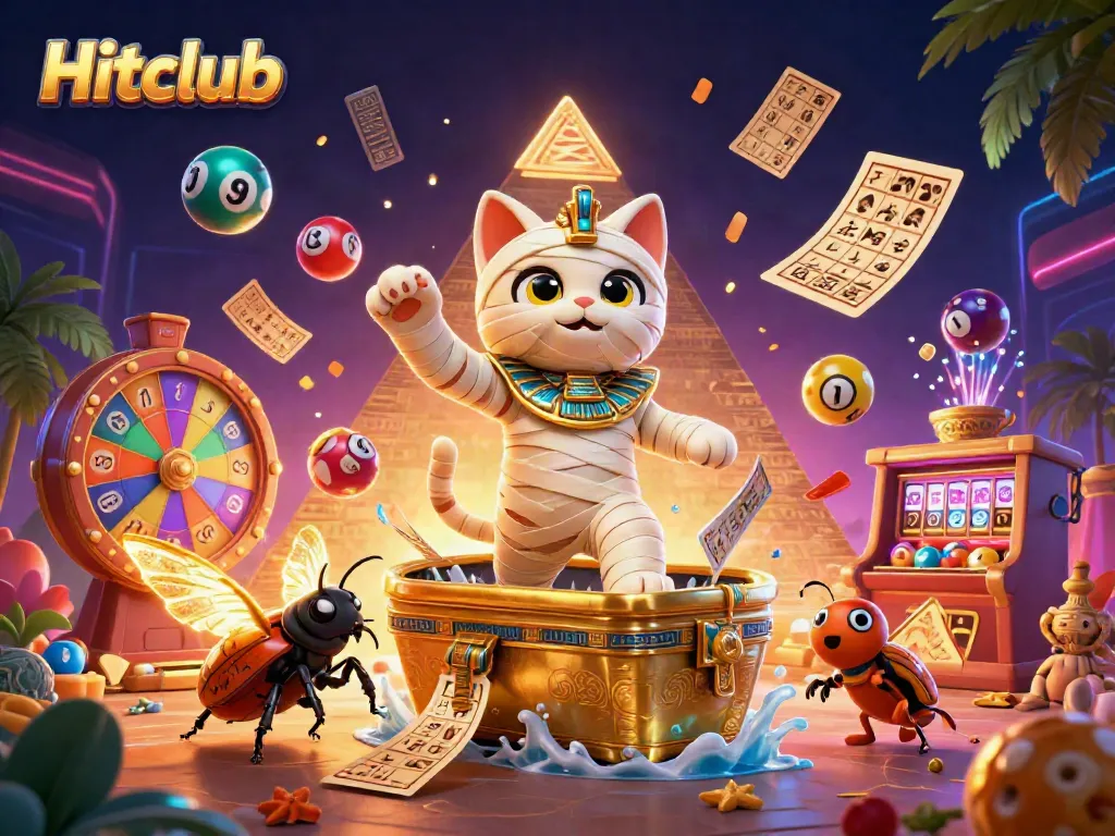 Experience the excitement at Hitclub with a vibrant 3D casino scene featuring a mummy cat and floating playing cards.
