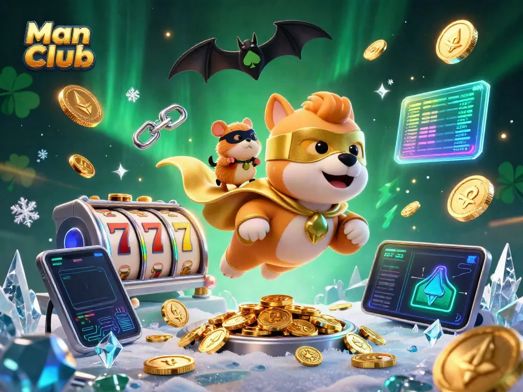 Engage in thrilling gaming at Man Club with a colorful superhero-themed casino illustration featuring dynamic elements of slots and cryptocurrencies.