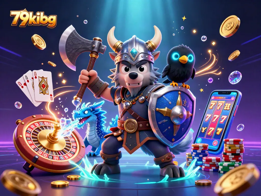 Engage with 79kibg's thrilling atmosphere, featuring a Viking wolf warrior and dragon amid casino treasures.