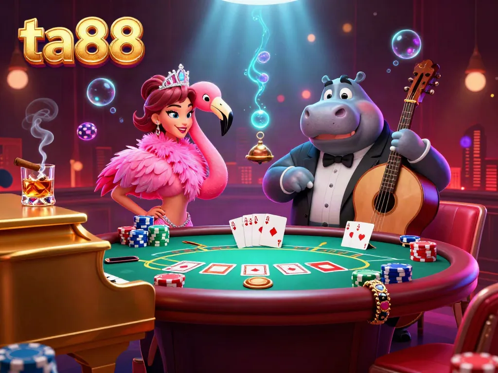 Join the festive ambiance of ta88 with a vibrant casino scene featuring animated characters and poker elements.