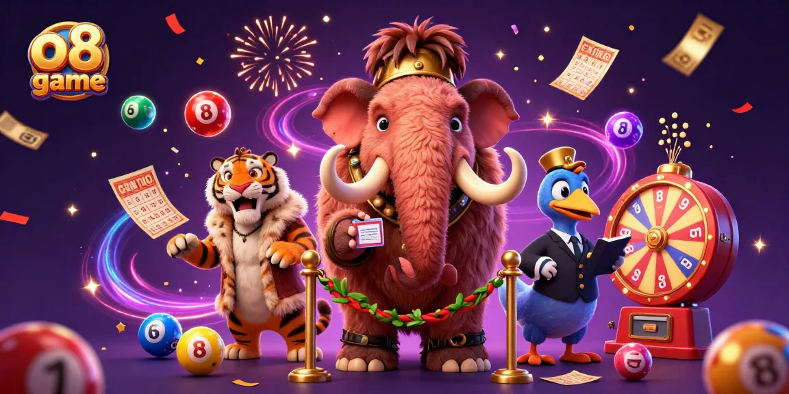 Join the o8 game adventure with vibrant lottery elements and 3D casino characters.