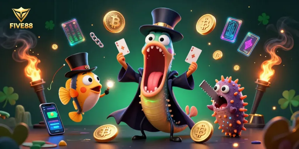 Experience the exciting adventures of FIVE88 as cartoon characters perform magic with enticing crypto elements.