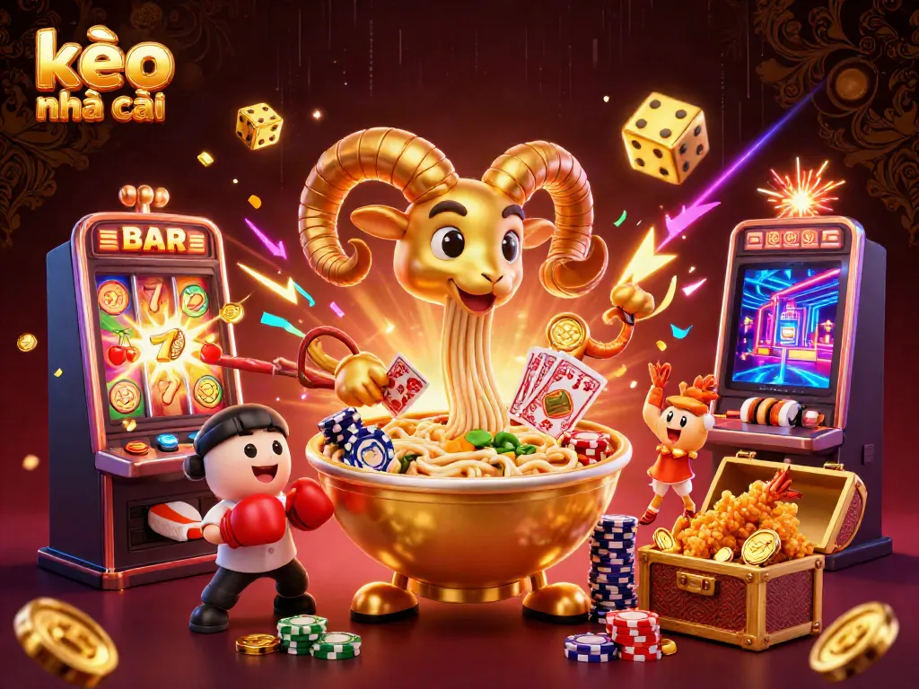 Explore kèo nhà cái strategies with a vibrant 3D illustration featuring casino characters and colorful game elements.