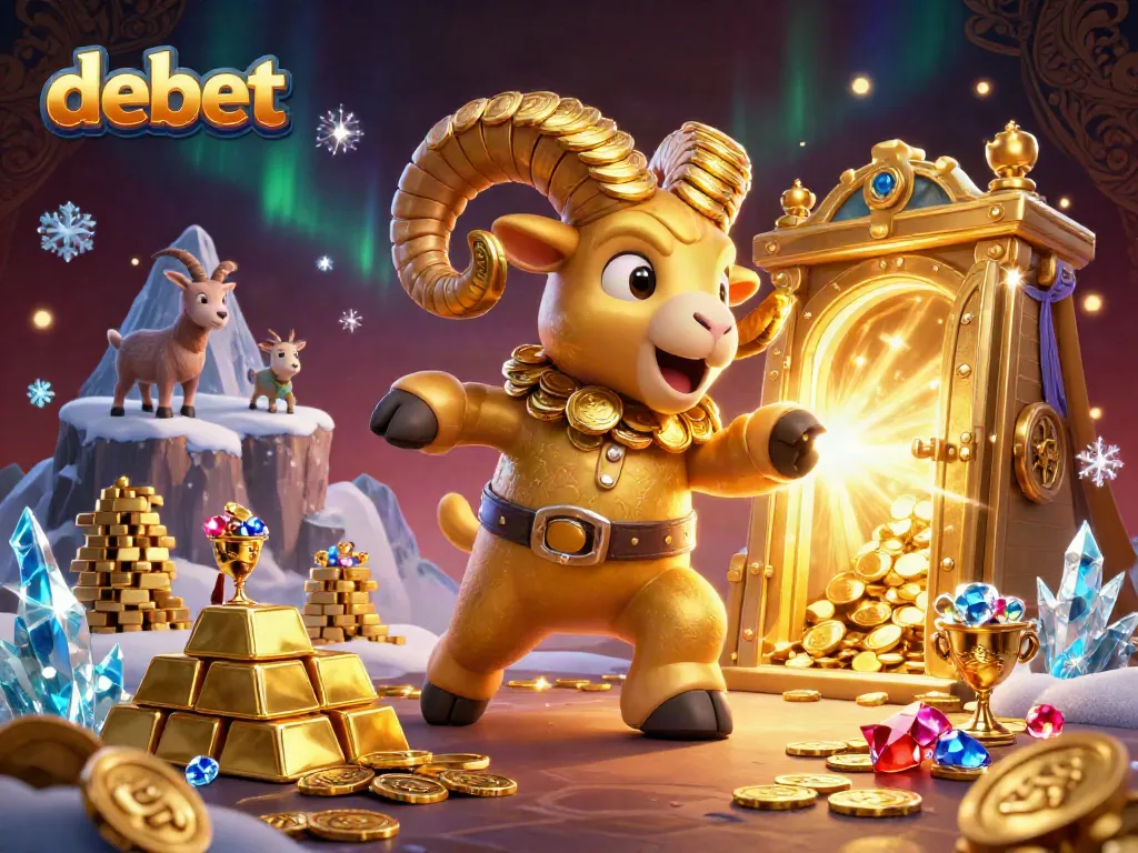 Experience excitement at Debet with a golden ram charging through a treasure vault in a vibrant casino scene.
