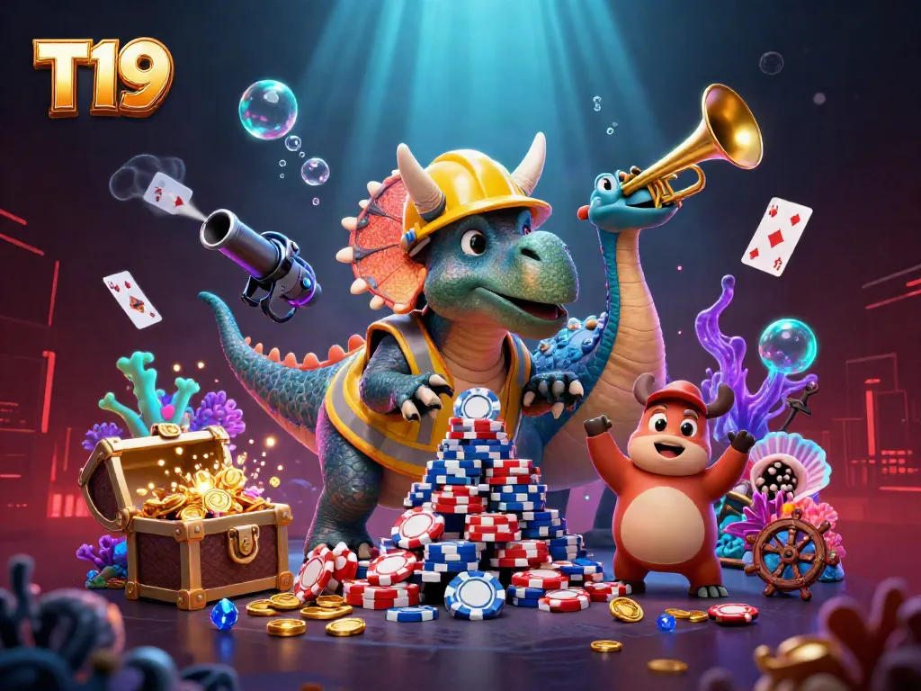 Engage in exciting gameplay with T19's vibrant casino experience, featuring cartoon dinosaurs celebrating with poker chips.