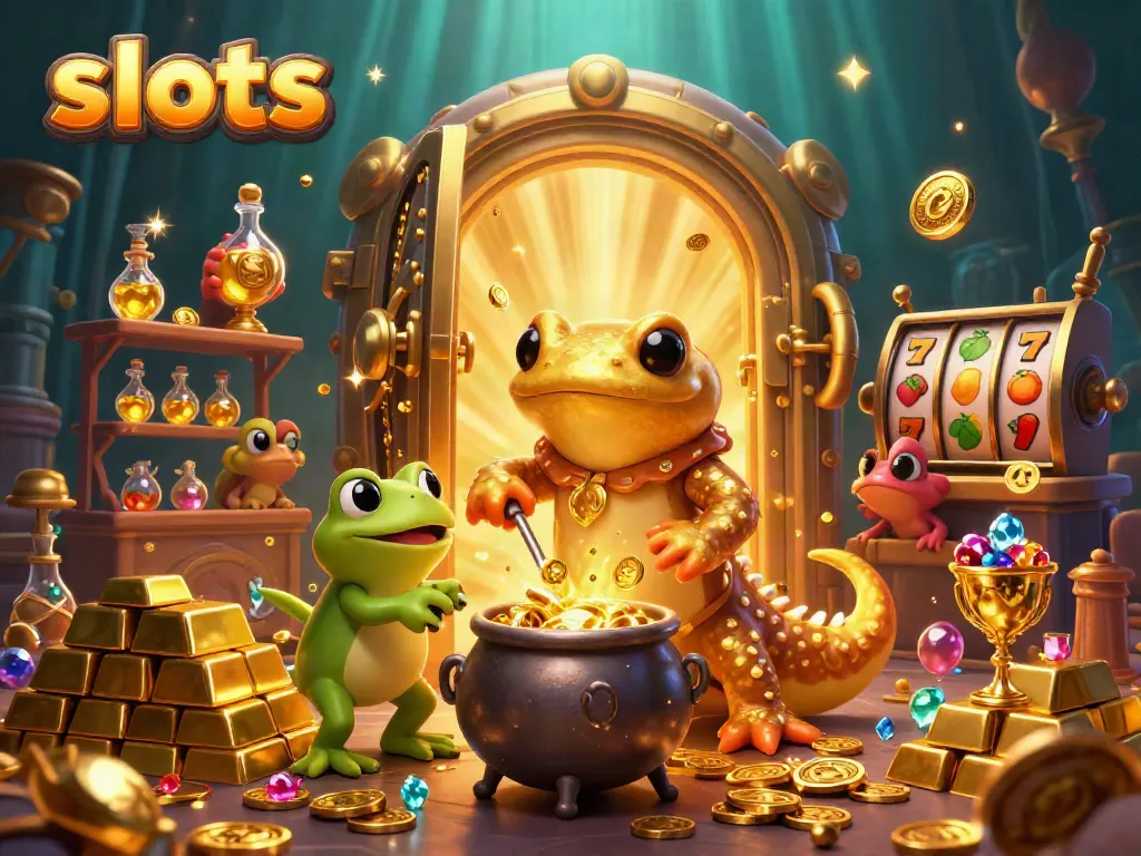 Enchanting slots scene illustrating gameplay with a golden salamander alchemist, cauldrons, and treasures.