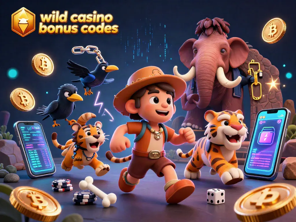 Engage with wild casino bonus codes in a vibrant prehistoric casino scene with dynamic crypto elements.