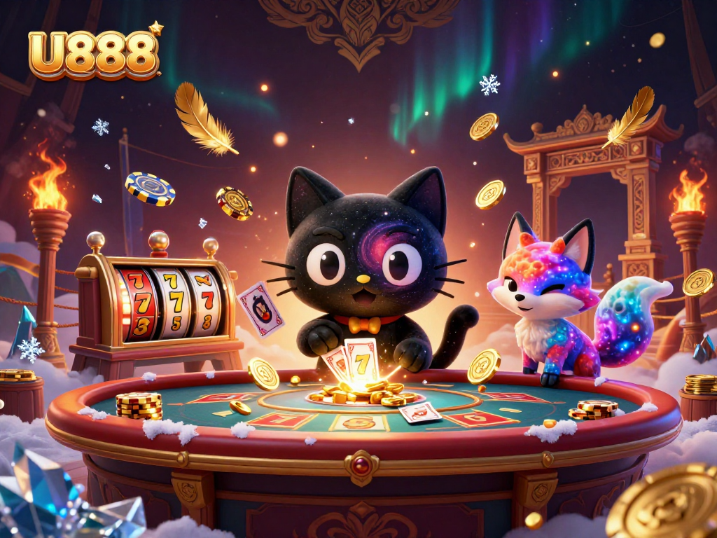 U888 introduces winning strategies at a vibrant casino table with cosmic cat and fox, enhancing your gameplay.