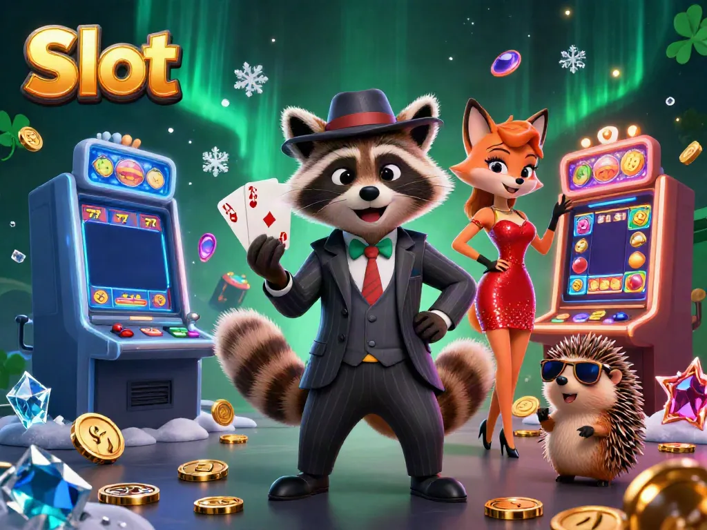 Engaging Slot scene featuring a suave raccoon holding a royal flush among slot machines and playful characters.