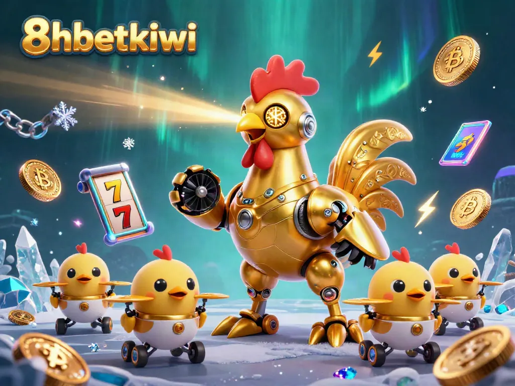 Experience thrilling casino action with 8xbetkiwi's golden rooster robot and baby chick drones surrounded by vivid gaming elements.