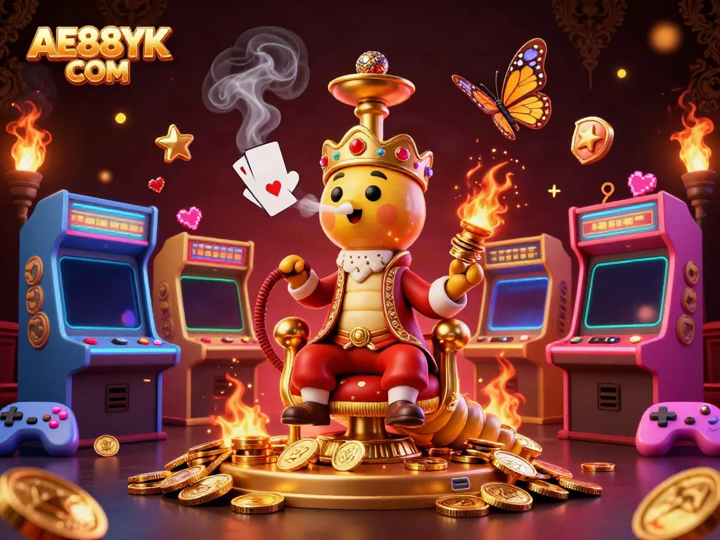 Experience the excitement of AE888YK COM through this vibrant 3D casino illustration featuring gaming elements.