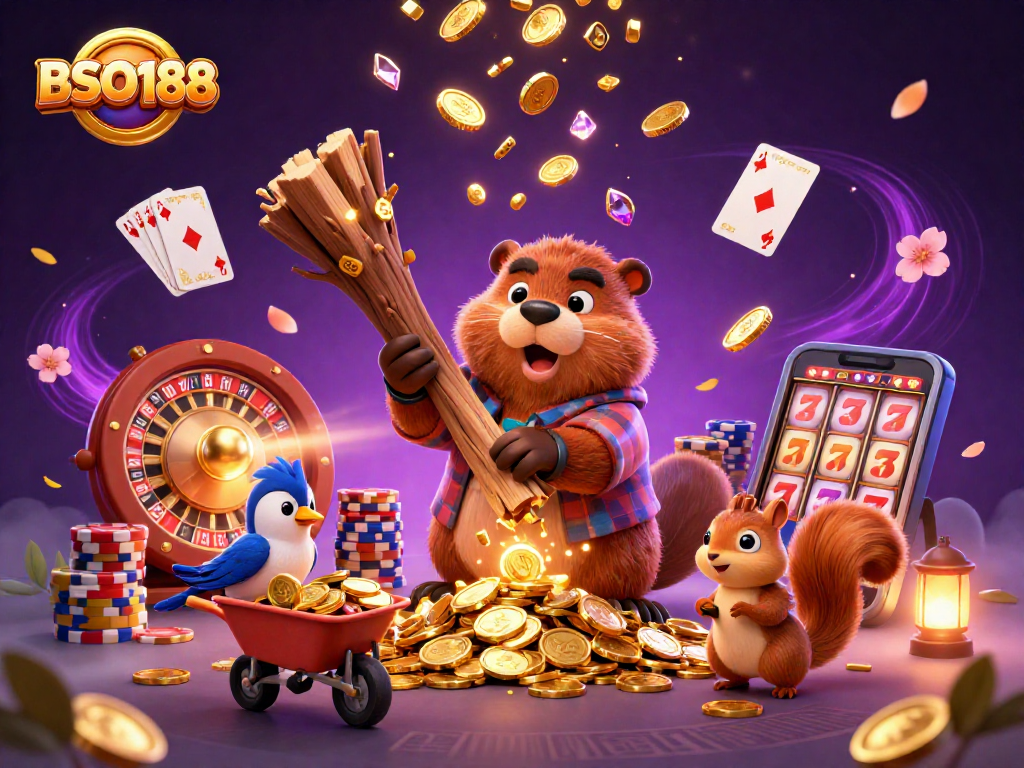 Experience BSO188's vibrant casino scene with a beaver and friends collecting golden coins.
