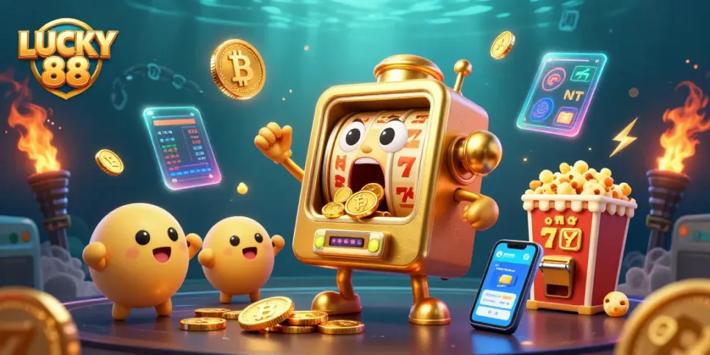 Spin and win with LUCKY 88 in this vibrant casino scene filled with excitement and digital elements.